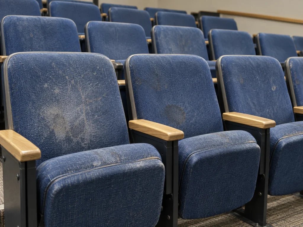 A row of blue lecture hall seats, stained and worn