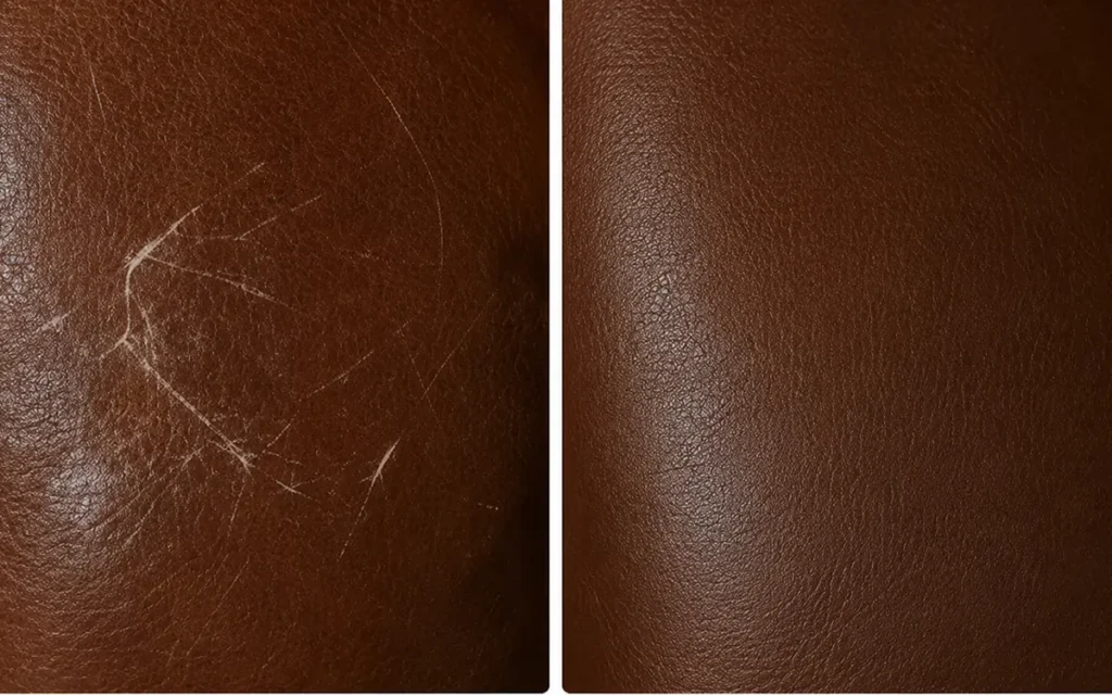 Fine surface lines on brown leather, before and after