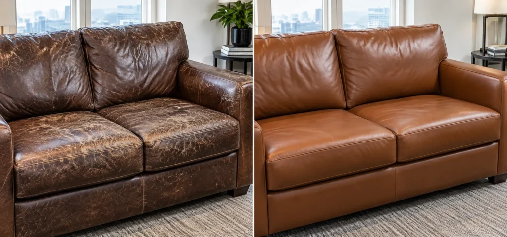 Flaking leather loveseat recovered in cognac, before and after reupholstery
