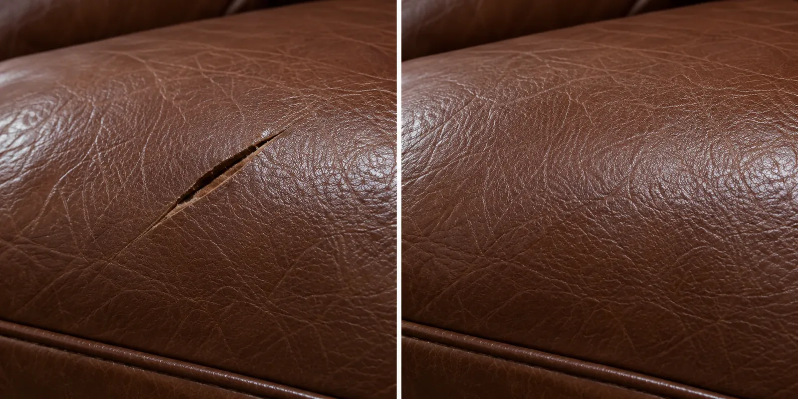 Seat slit straight across, holes & tears repair, shown before and after