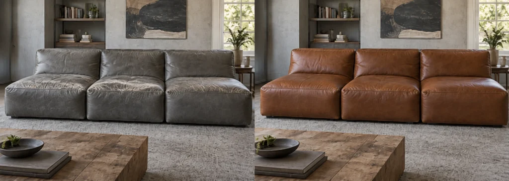 Modular sofa going from gray to cognac leather, before and after