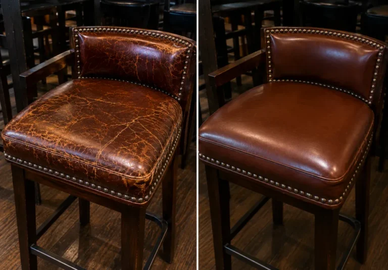 A brown leather bar stool with arms and nailheads before and after
