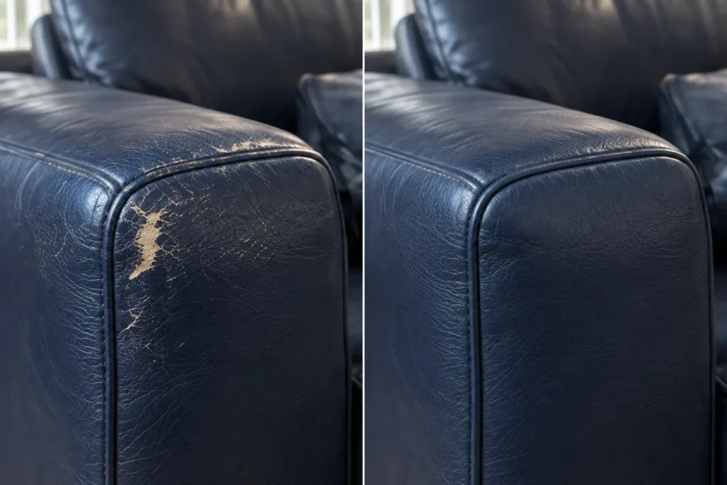 Navy leather sofa arm, before and after cat scratch repair