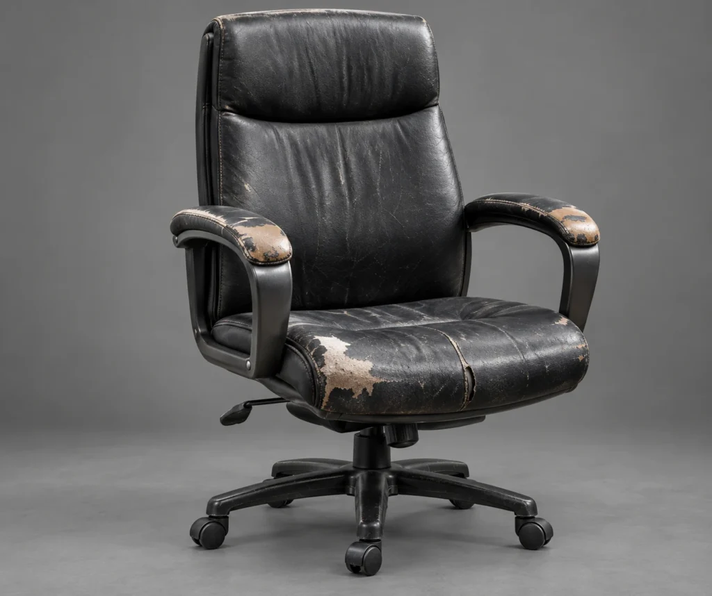 A black office chair with bare, worn arm caps