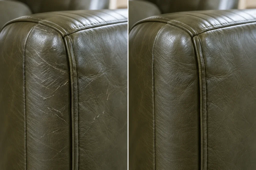 Olive green leather sofa arm, before and after cat scratch repair