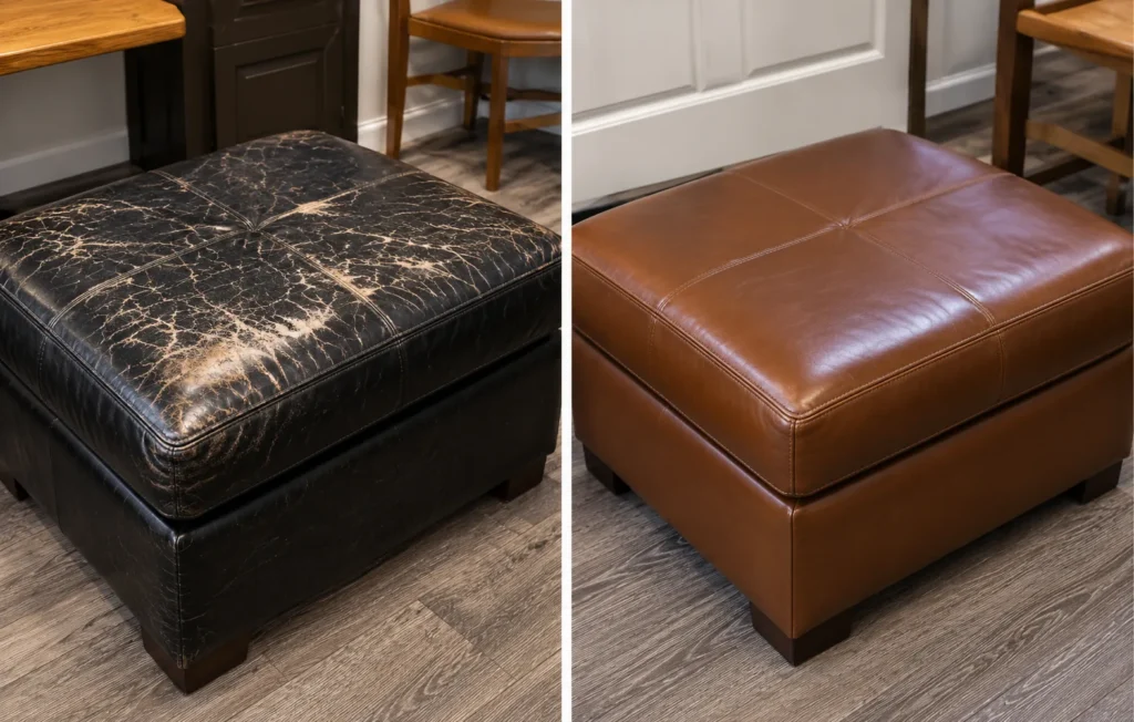 Cracked black leather ottoman recovered in tan, before and after reupholstery