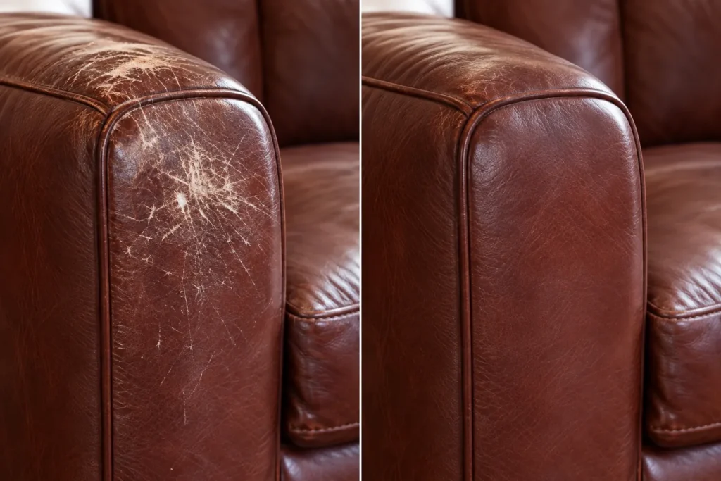 Oxblood leather armchair arm, before and after cat scratch repair