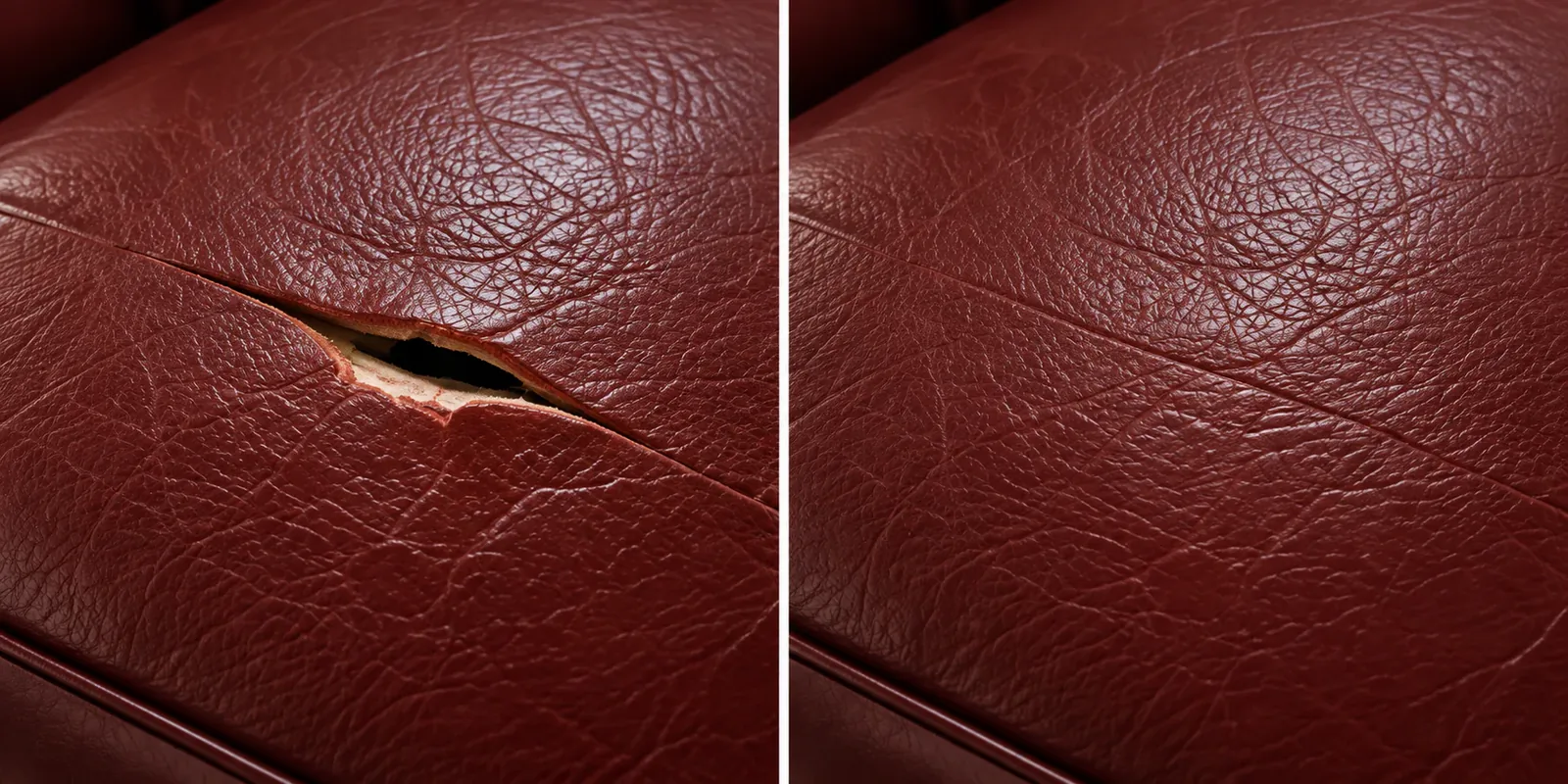 Oxblood leather with a hole, holes & tears repair, shown before and after