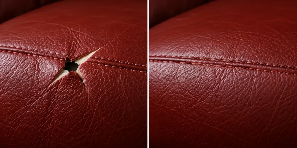 Star-shaped rip in oxblood leather, before and after