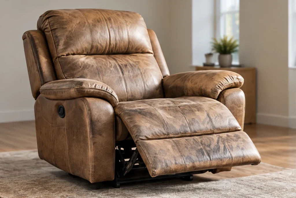 A leather recliner with faded, worn hide prior to restoration
