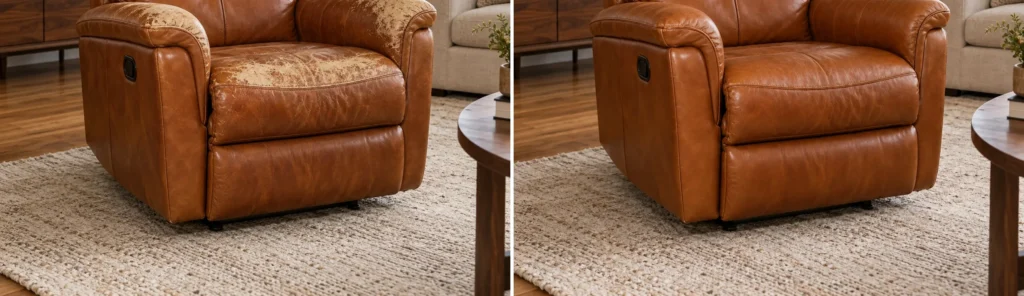 Cognac leather recliner worn down to bare spots, shown before and after it was restored