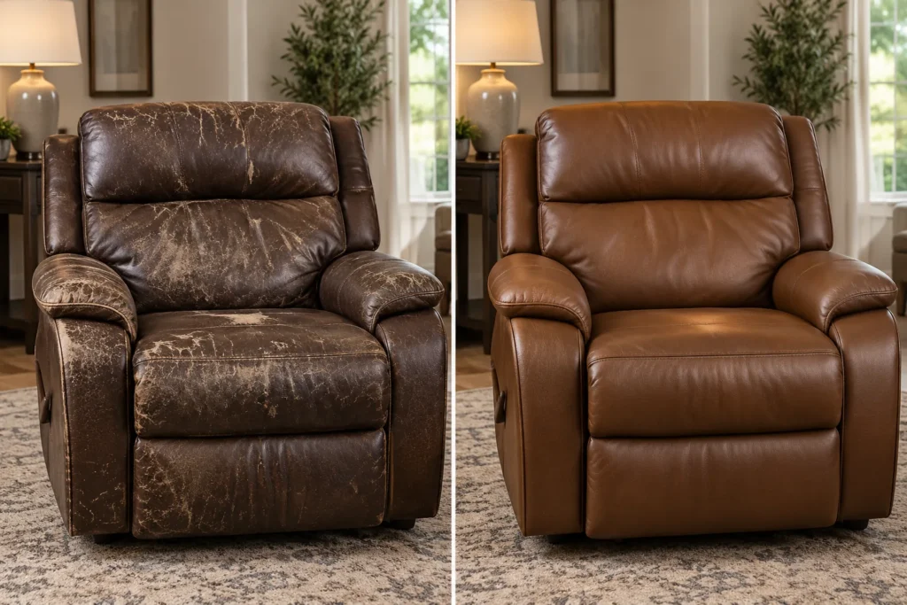 Cracked brown leather recliner recovered in tan, before and after reupholstery