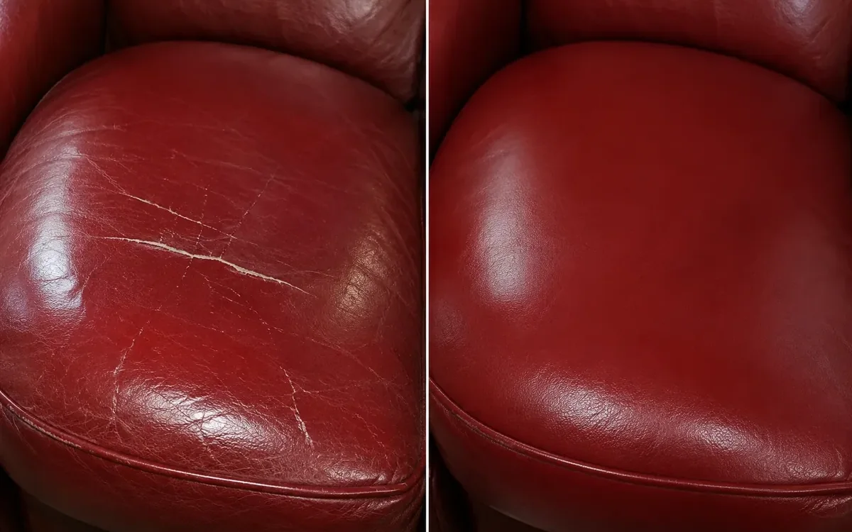 Armchair in red, scratches repair, shown before and after