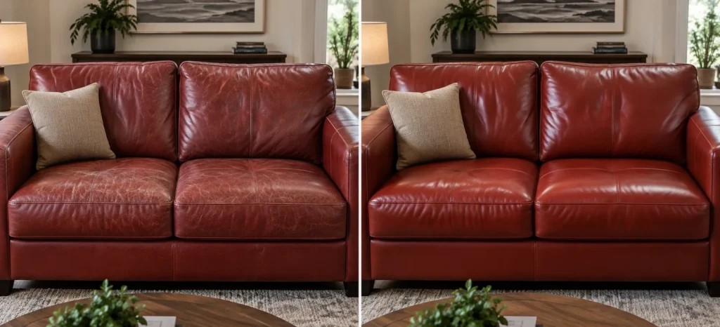 Red leather sofa, creased and lifeless, before and after conditioning