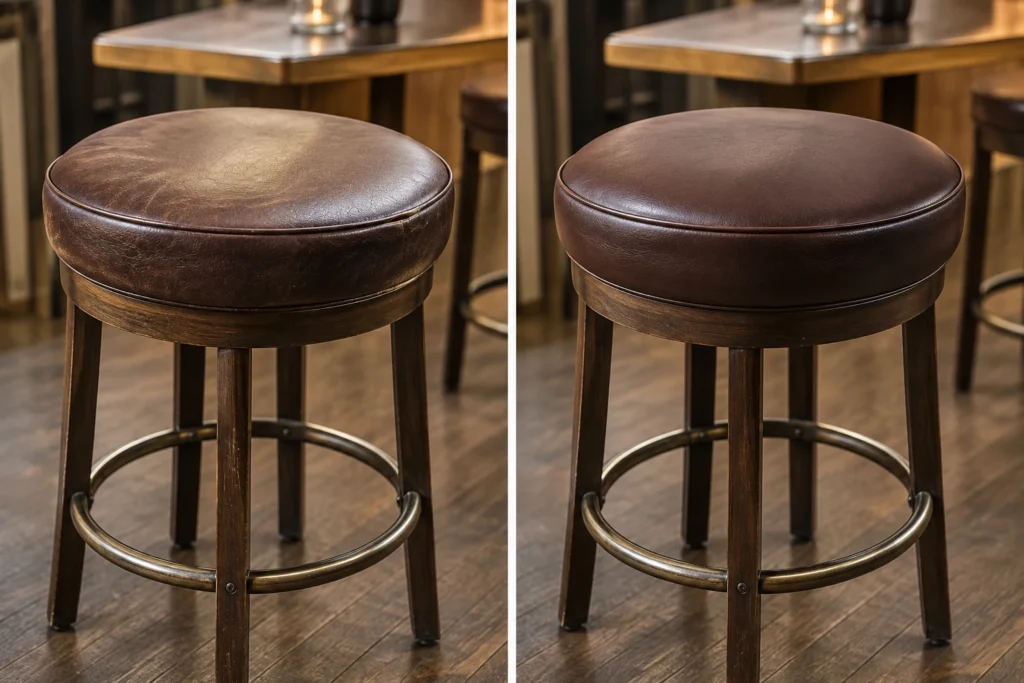 A round leather stool seat before and after recovering