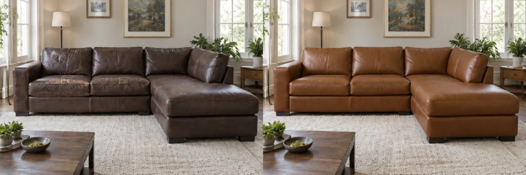 Brown sectional with cracked leather, recovered in tan, before and after
