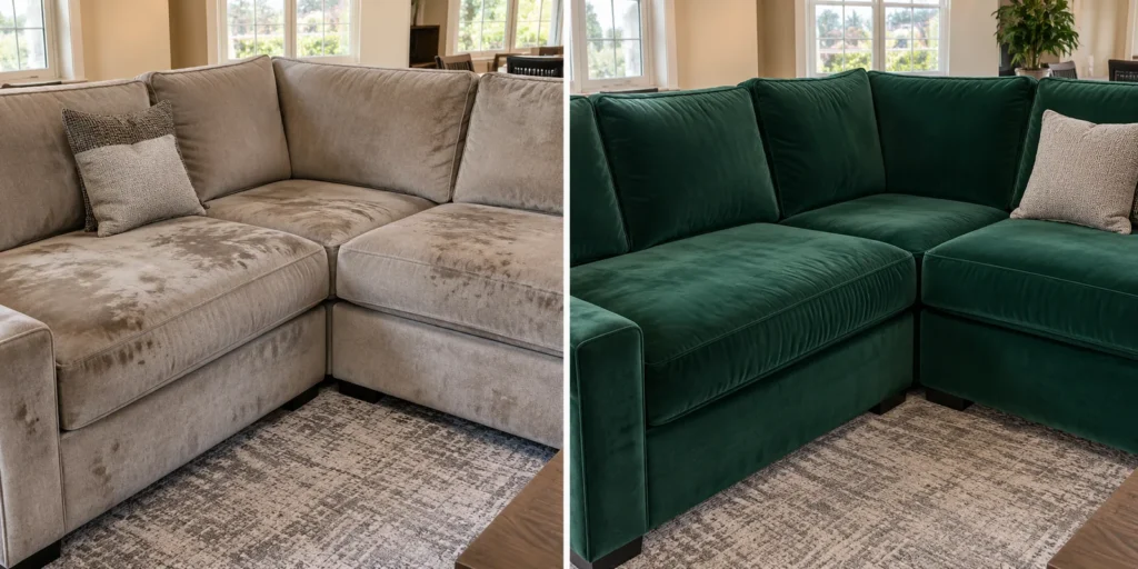 Pale fabric sectional reupholstered in emerald velvet, before and after reupholstery