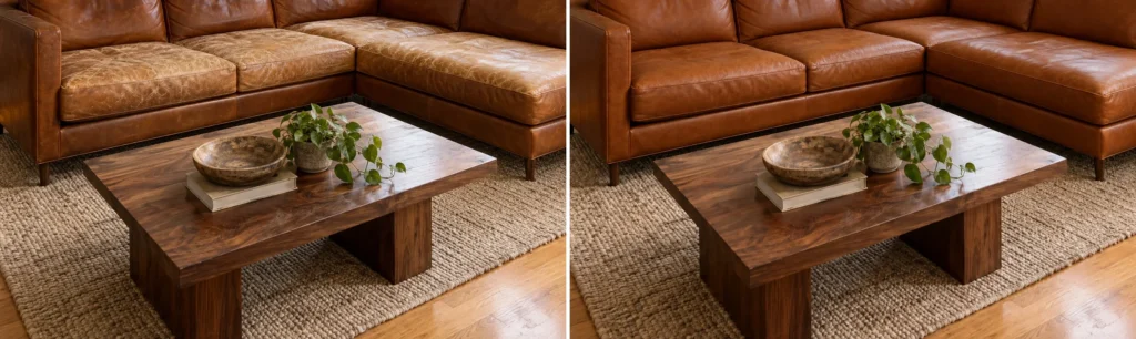 Cognac leather sectional with tired seat cushions, shown before and after it was restored