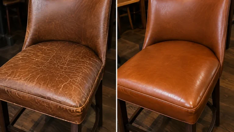 A restaurant side chair shown before and after reupholstery