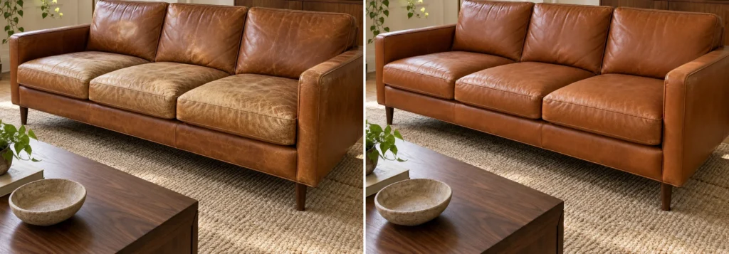 Cognac leather sofa with faded, cracked seats, shown before and after it was restored