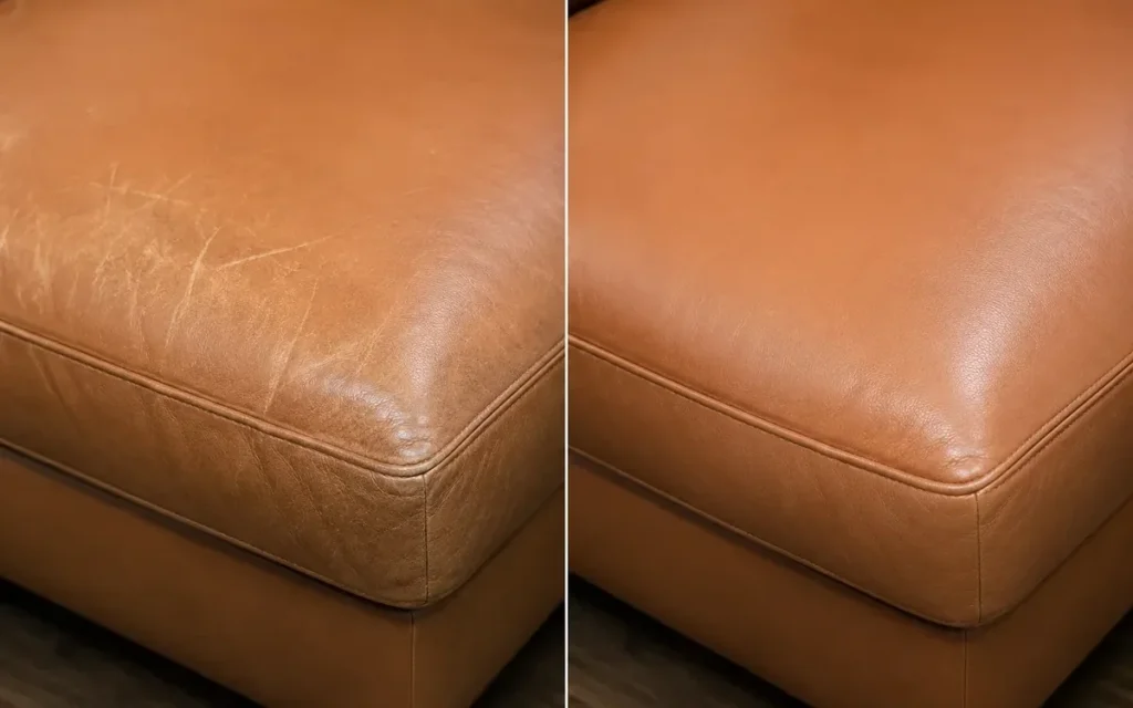 Scratched tan leather ottoman, before and after