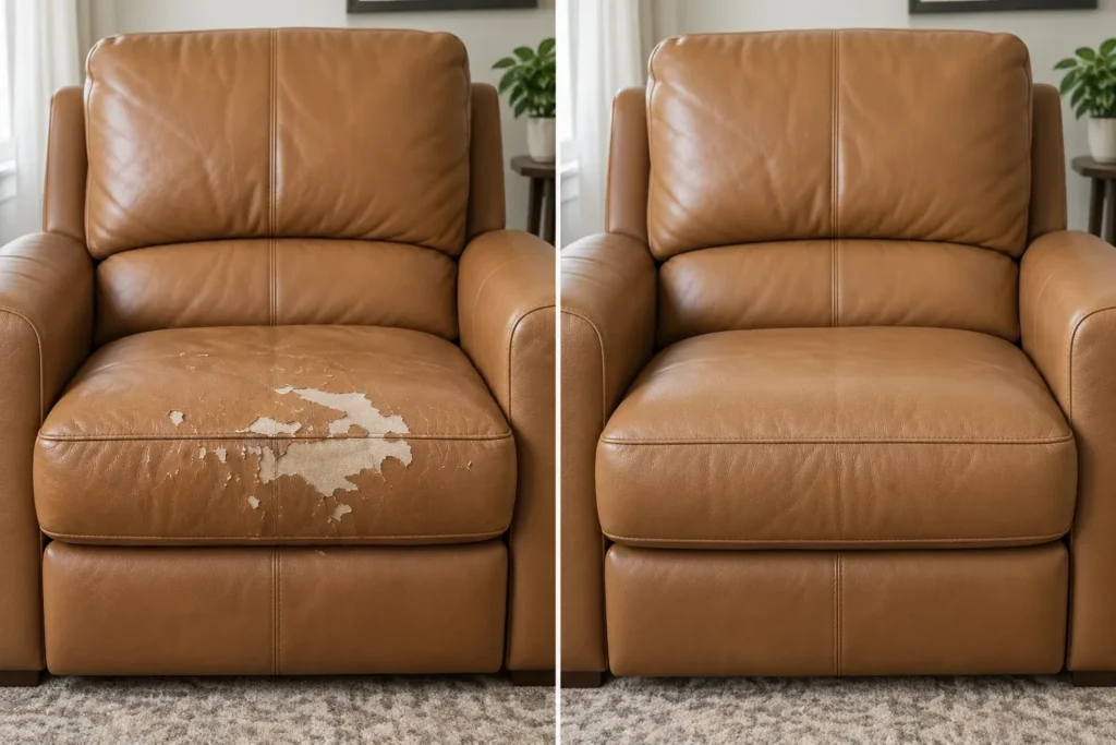 Tan leather recliner seat, before and after peeling repair