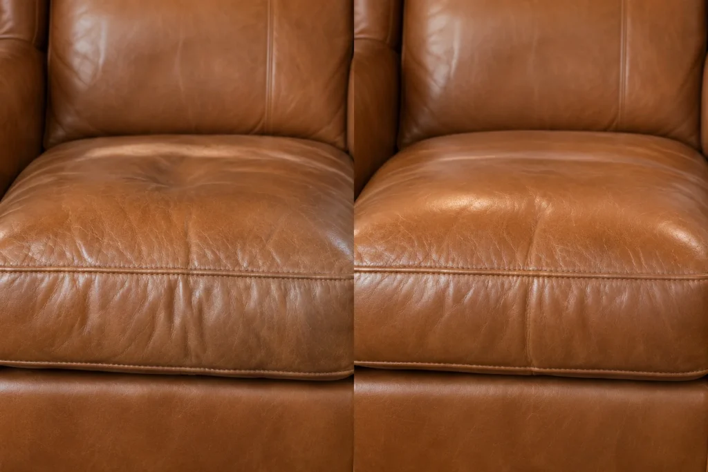 Tan leather seat cushion that had sunk, shown before and after