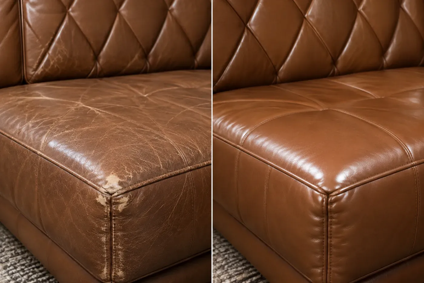 Tufted seat in tan, wear & scuffs repair, shown before and after