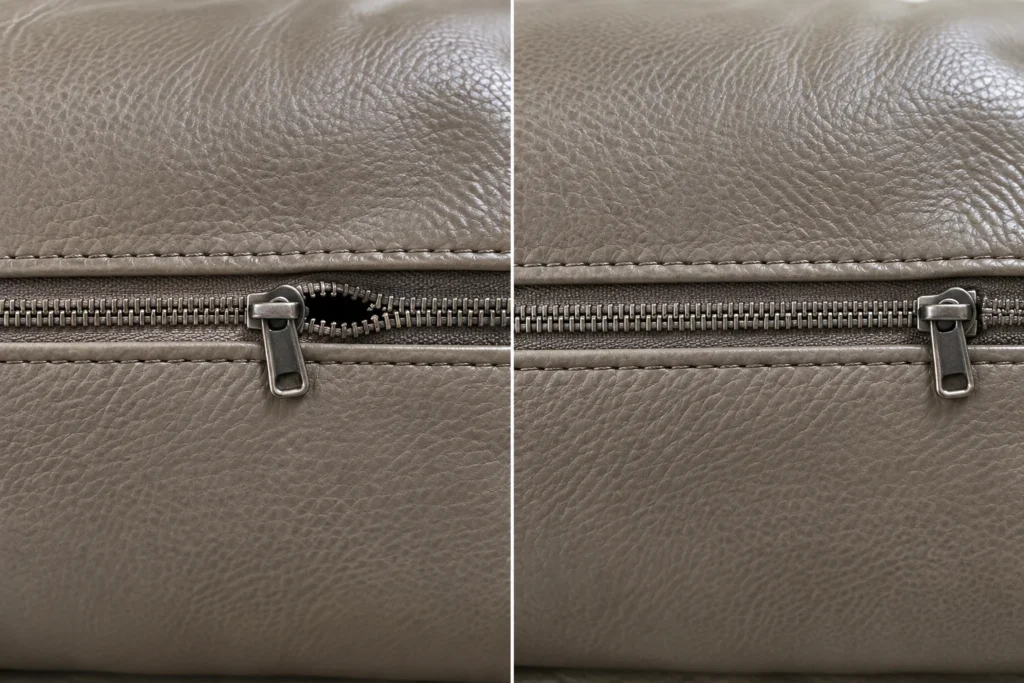 Zipper on a taupe leather cushion cover, shown before and after