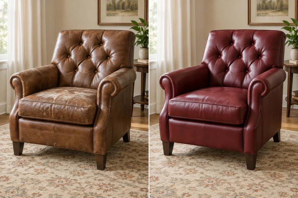 Tired tufted accent chair redone in red leather, before and after
