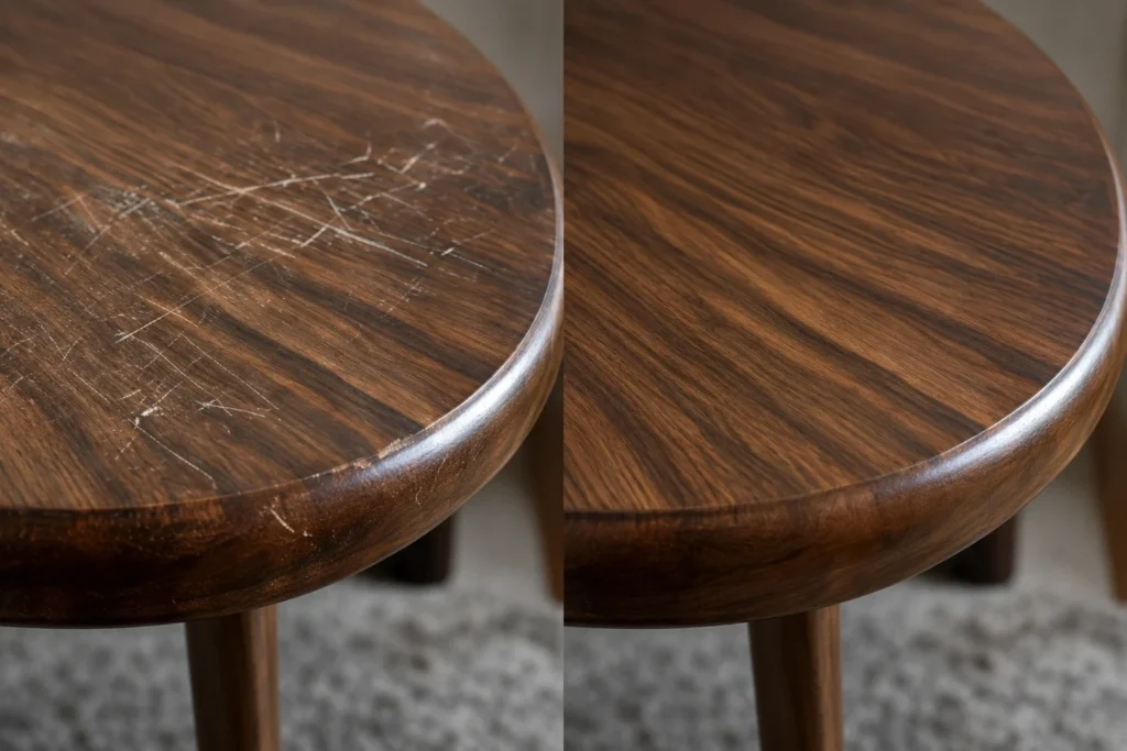 Walnut coffee table top with scratches, shown before and after the repair