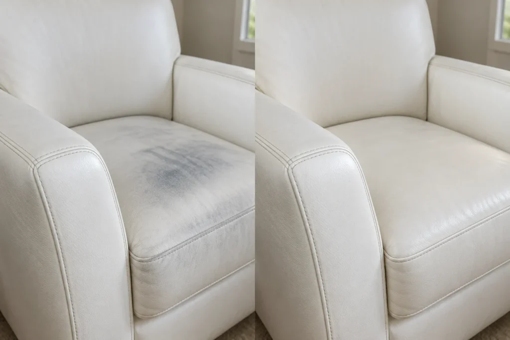 White leather armchair stained gray by clothing, shown before and after