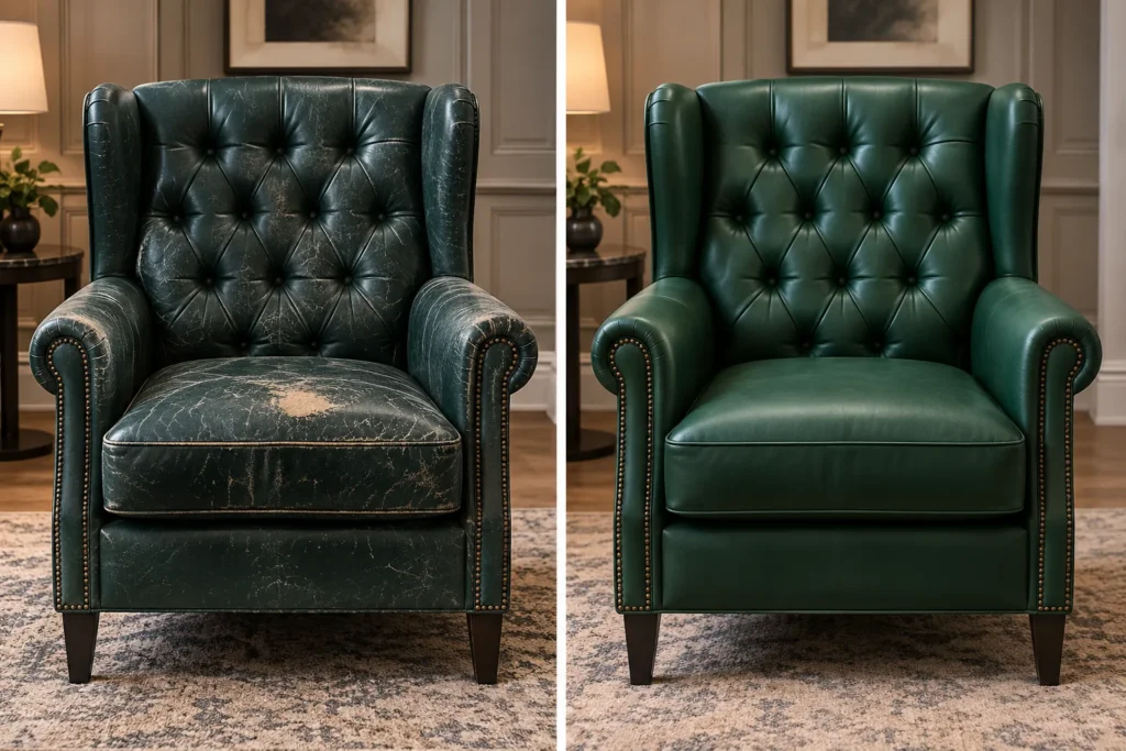 Worn green leather wing chair recovered in green, before and after reupholstery