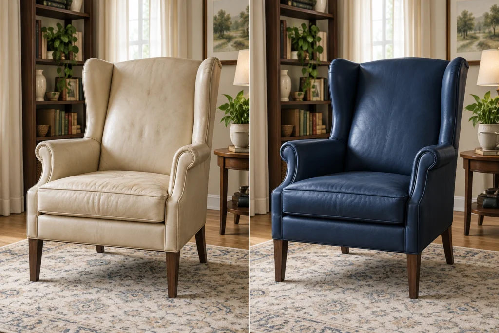 Cream wingback redone in navy leather, before and after