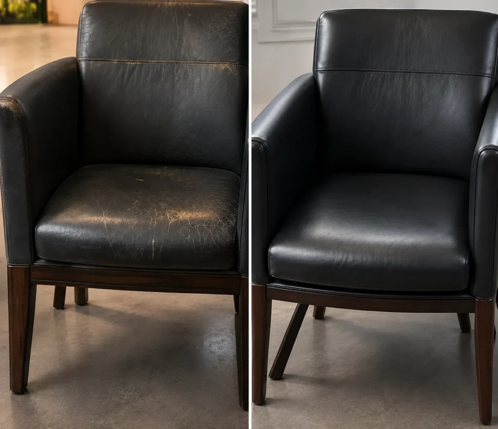 A black leather lobby armchair shown before and after repair
