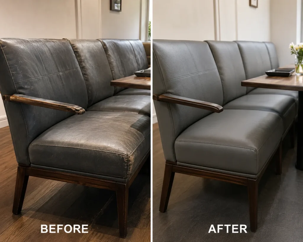 A gray leather bank banquette shown before and after repair
