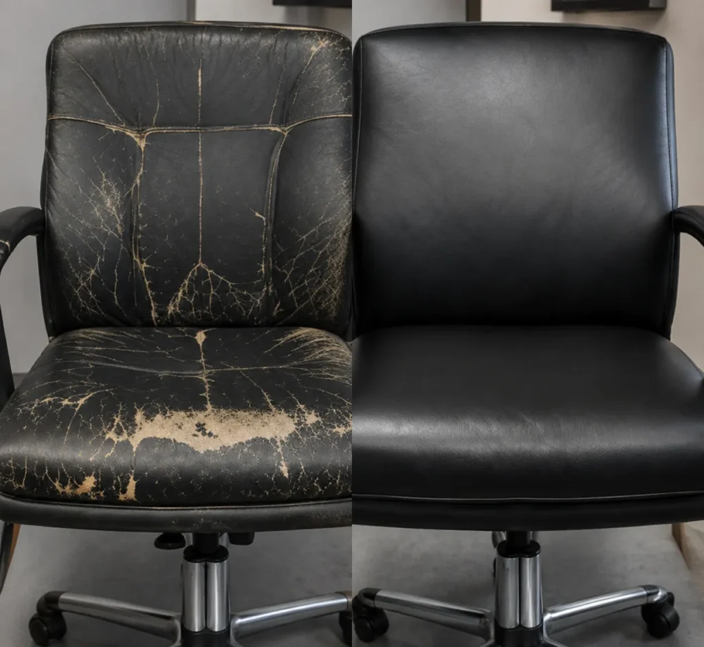 A black leather officer chair shown before and after repair