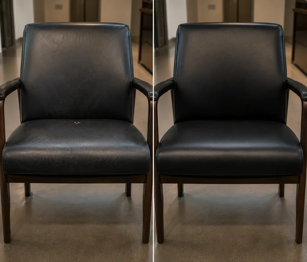 A bank side chair shown before and after repair