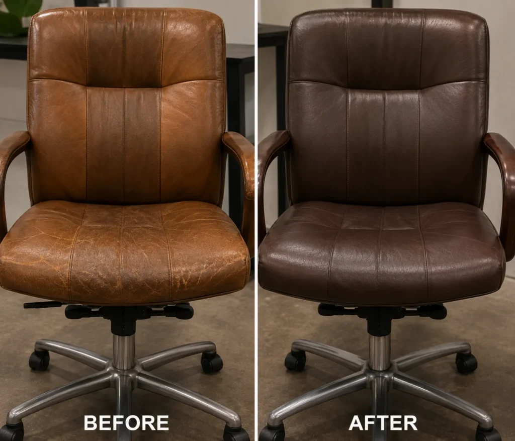 A bank task chair shown before and after repair