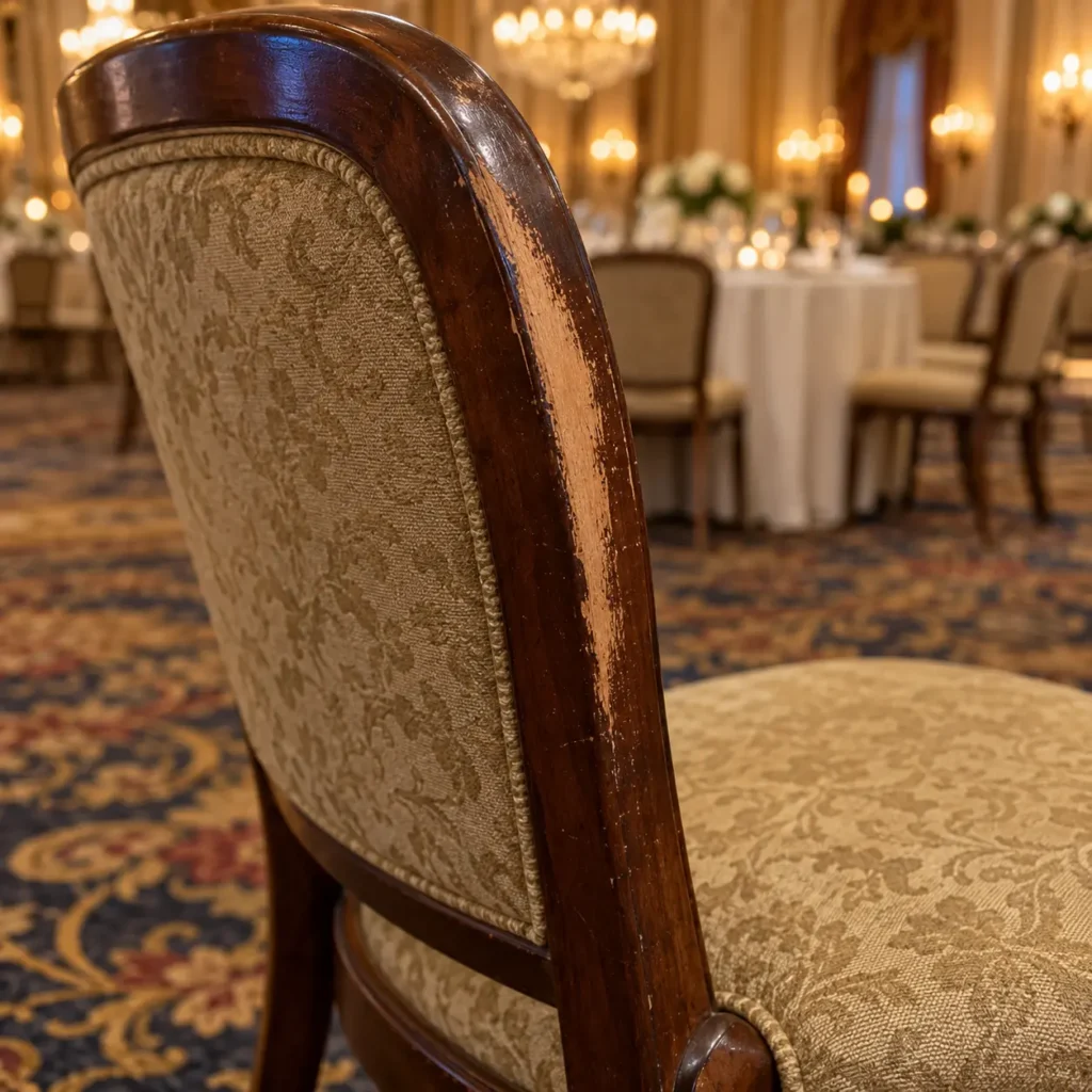 Bare wood showing on a ballroom chair