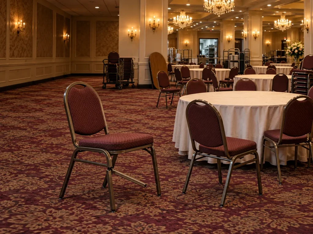 Banquet chair with a bent, cracked frame