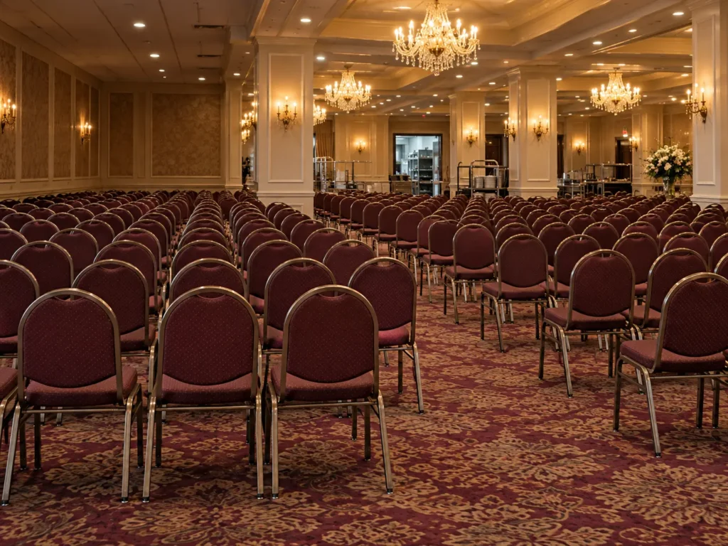 Hundreds of burgundy banquet chairs set in rows