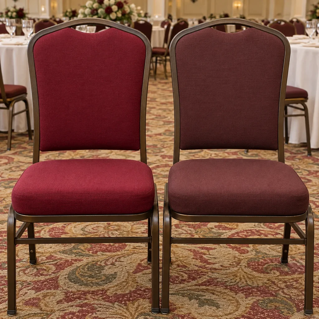 Two banquet chairs side by side in slightly different shades