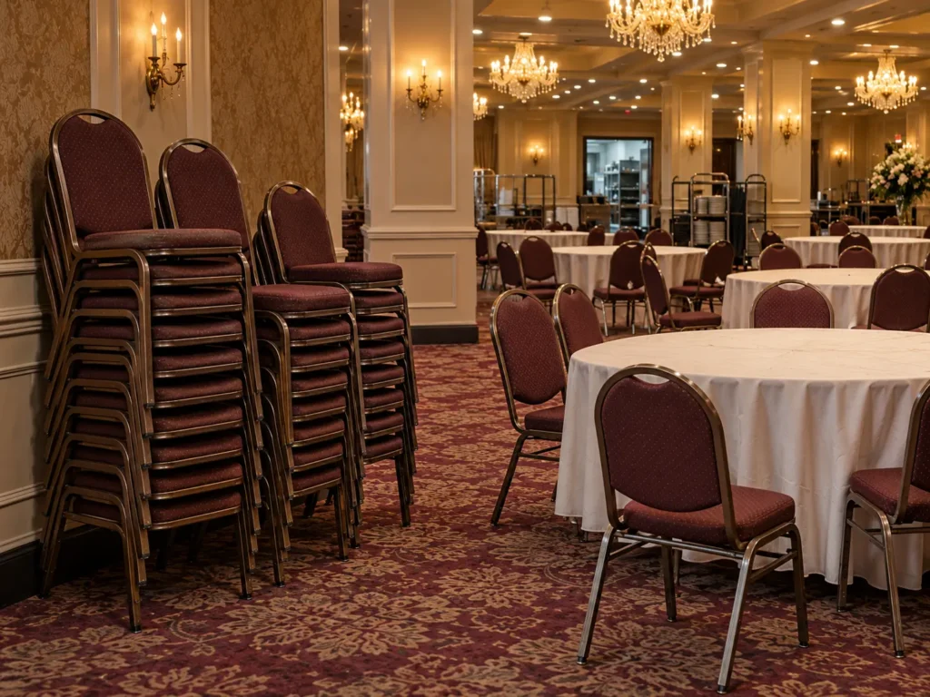 Stacks of banquet chairs whose frames are still straight