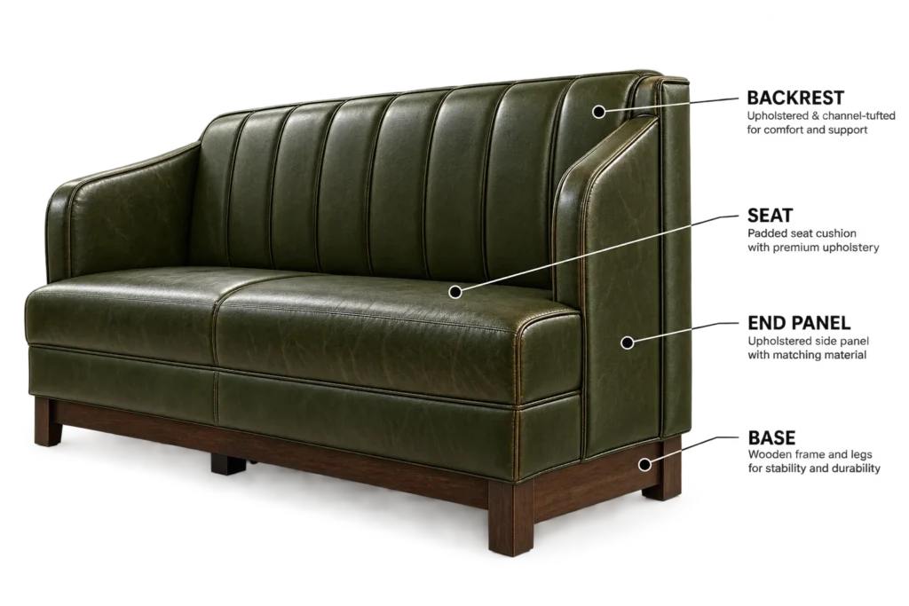 A diagram of a banquette section showing seat deck, back panel and base