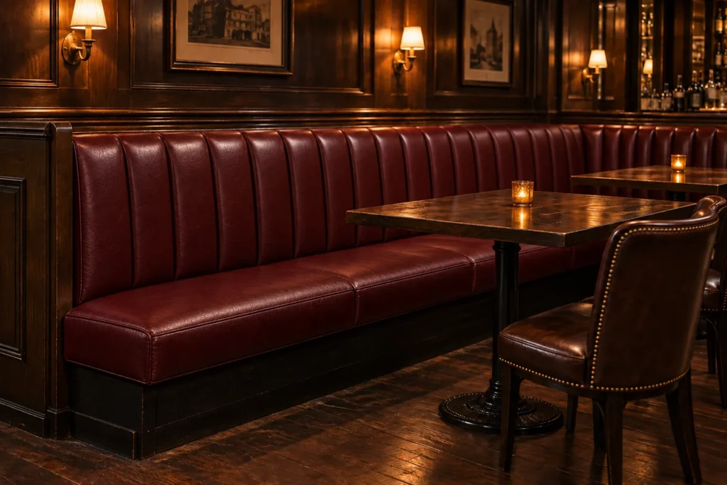 The same banquette recovered in oxblood leather