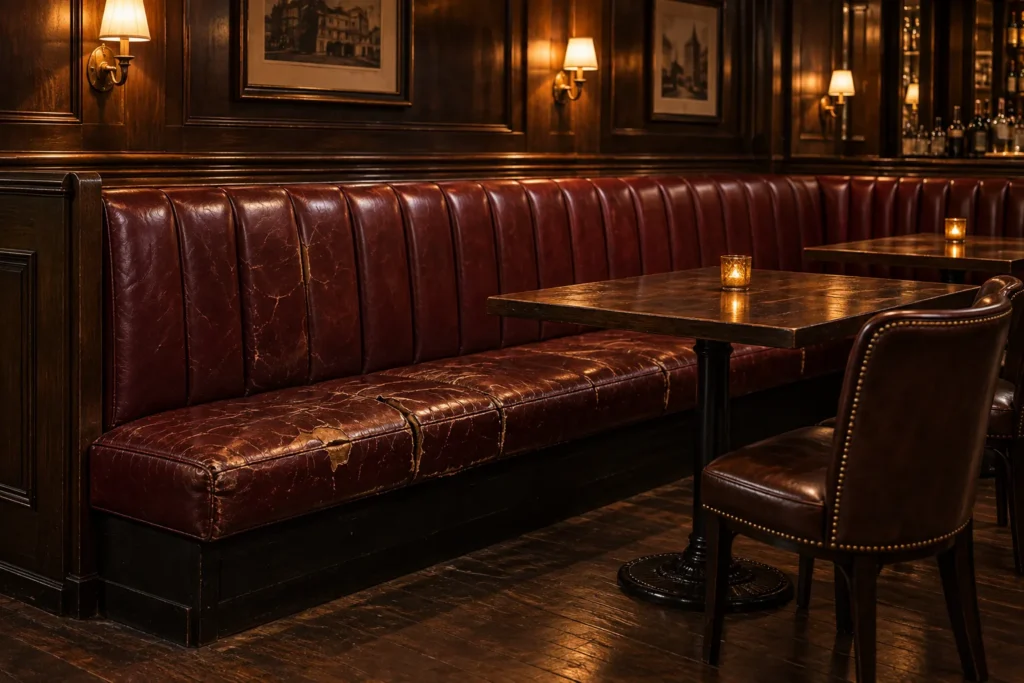 A cracked red leather bar banquette before reupholstery