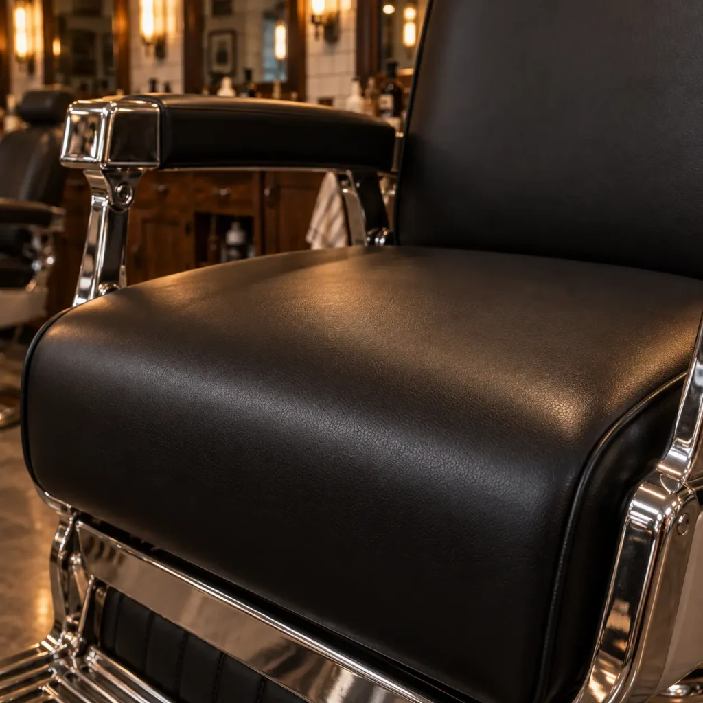 A smooth black barber chair seat with chrome trim