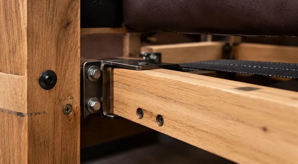 Metal bracket bolting a side rail to the headboard leg of a bed