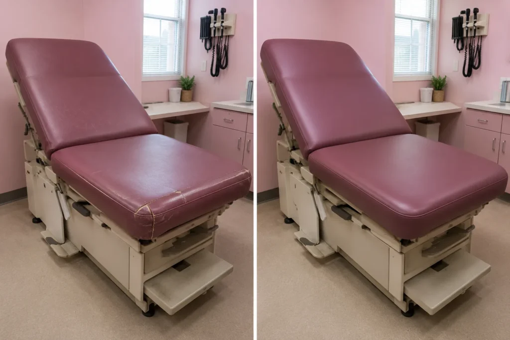 A worn burgundy exam table, then recovered